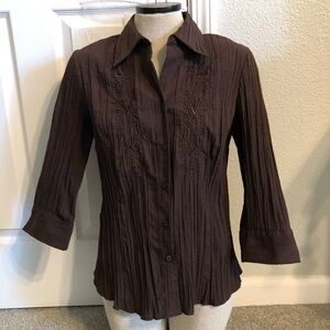 FRED DAVID/ Brown/ button down/ embellished top/ L